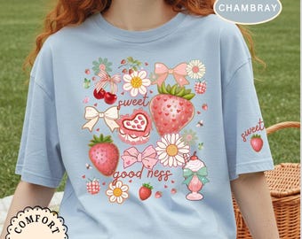 Camisetas Cottagecore Camiseta Floral Comfort Colors® Camiseta de fresa para mujer Camiseta coqueta Festival de lazo Regalos de fresa Camiseta de verano bohemia