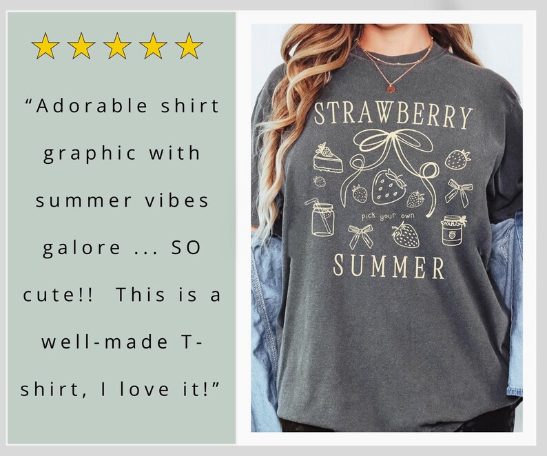 May include: Dark gray t-shirt with a cream-colored graphic that says "STRAWBERRY SUMMER" with strawberry and bow illustrations. The shirt also has the text "pick your own".