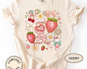 T-shirt aardbei Comfort Colors® T-shirt met strik voor dames flirtshirt T-shirt met bloemenstrik Aardbeien Cottagecore dameskleding boho zomerkleding