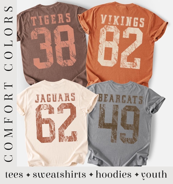 Comfort Colors® Custom Mascot Sweatshirt Personalized Team Name & Number Vintage Game Day Crewneck Football Spirit Shirt School Team Hoodie