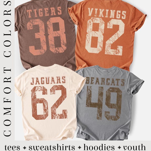 Comfort Colors® Custom Mascot Sweatshirt Personalized Team Name & Number Vintage Game Day Crewneck Football Spirit Shirt School Team Hoodie