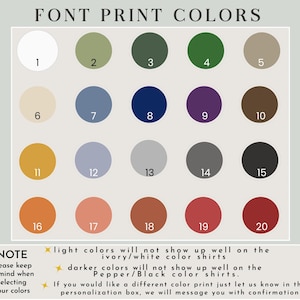 May include: A color chart with twenty numbered circles displaying font print colors. The colors range from white to black, including shades of green, blue, purple, brown, and orange. Text at the top reads "FONT PRINT COLORS."