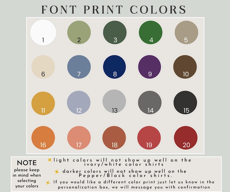 May include: A color chart with twenty numbered circles displaying font print colors. The colors range from white to black, including shades of green, blue, purple, brown, and orange. Text at the top reads "FONT PRINT COLORS."