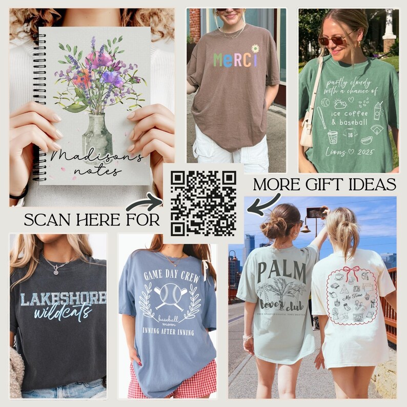 Op de afbeelding: Een collage van cadeau-idee&euml;n, waaronder notitieboekjes en t-shirts. Het notitieboekje heeft een bloemenontwerp en de tekst "Madisons notes". T-shirts tonen de woorden "MERCI", "Lakeshore Wildcats", "Game Day Crew" en "Palm Lover Club".