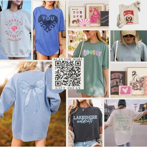 May include: A collection of t-shirts with various designs, including a heart with the word "You" inside, a bow, a lakeshore wildcats logo, and the text "Make it a MalaSOBA lime".