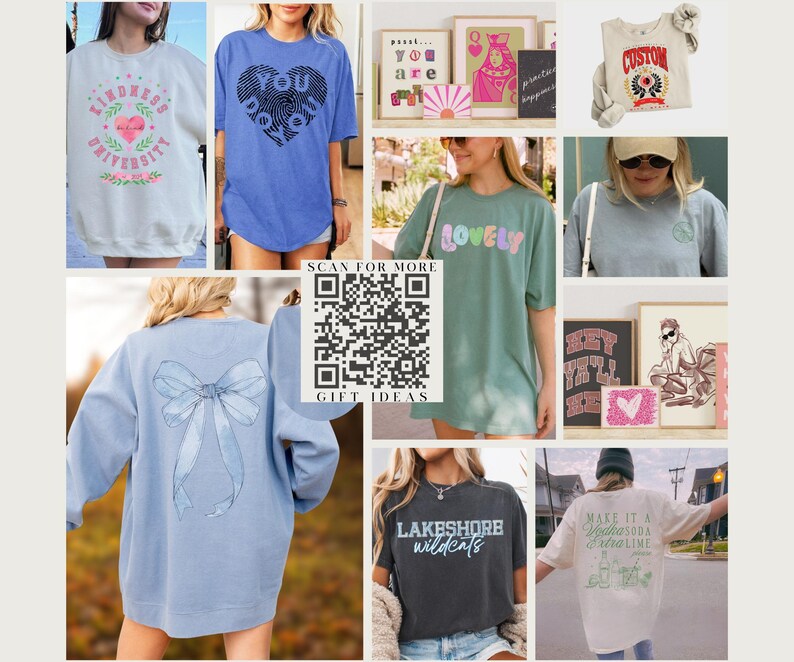 May include: A collection of t-shirts with various designs, including a heart with the word "You" inside, a bow, a lakeshore wildcats logo, and the text "Make it a MalaSOBA lime".