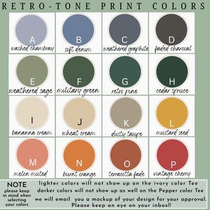 May include: A color chart titled "Retro-Tone Print Colors" displays sixteen circular color swatches, each labeled with a letter and a color name. Colors range from light blue to dark red, including shades of green, beige, and orange. Text at the bottom provides color selection notes.
