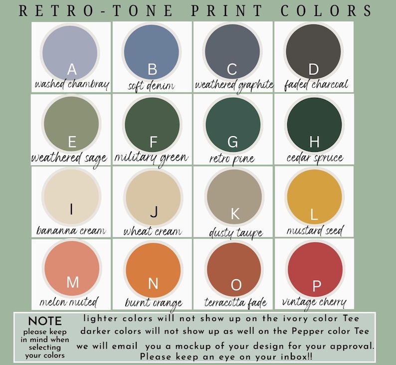 May include: A color chart titled "Retro-Tone Print Colors" displays sixteen circular color swatches, each labeled with a letter and a color name. Colors range from light blue to dark red, including shades of green, beige, and orange. Text at the bottom provides color selection notes.