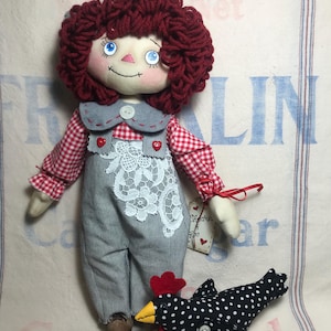 Primitive  Raggedy Ann cloth doll farmer Skeeter and Chicken  Roo