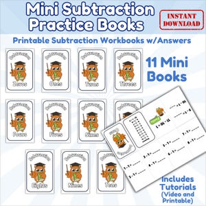 Peut inclure: Ensemble de 11 mini cahiers d'exercices de soustraction avec des cahiers d'exercices imprimables et des réponses. Chaque carte présente un hibou de dessin animé avec un livre et un pointeur. Inclut des tutoriels.