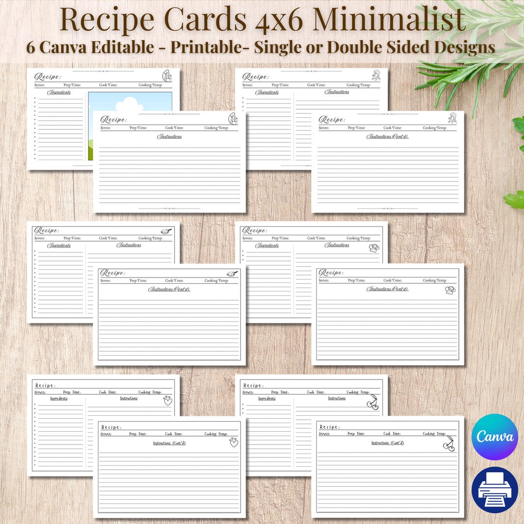 Mini Recipe Design Minimalist Recipe Template Editable Canva Kitchen Card Printable ...