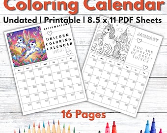 unicorn coloring calendar | undated 12 month pdf | affirmation planner | kids or adults gift