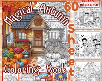 Autumn Coloring Book: 60 Fall Designs, Pumpkins & Cottages (Digital Download)