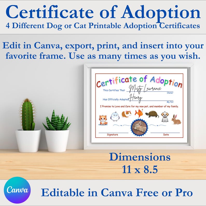 Pet Adoption Certificate Printable Design Digital Download Customizable ...