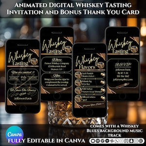 Invitación a fiesta digital Cata de whisky Plantilla digital para despedida de soltero Editable Canva Descarga instantánea Tarjeta RSVP Evento de bourbon