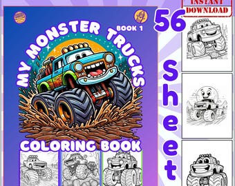 Puede incluir: Una portada de libro para colorear para niños con el título "My Monster Trucks Coloring Sheets". La imagen presenta un camión monstruo de dibujos animados y 56 hojas con diseños de camiones monstruo para colorear.