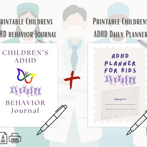 May include: Two printable ADHD journals for children. One is a behavior journal with a colorful butterfly graphic and the text "Children's ADHD Behavior Journal." The other is a daily planner with the text "ADHD Planner for Kids."