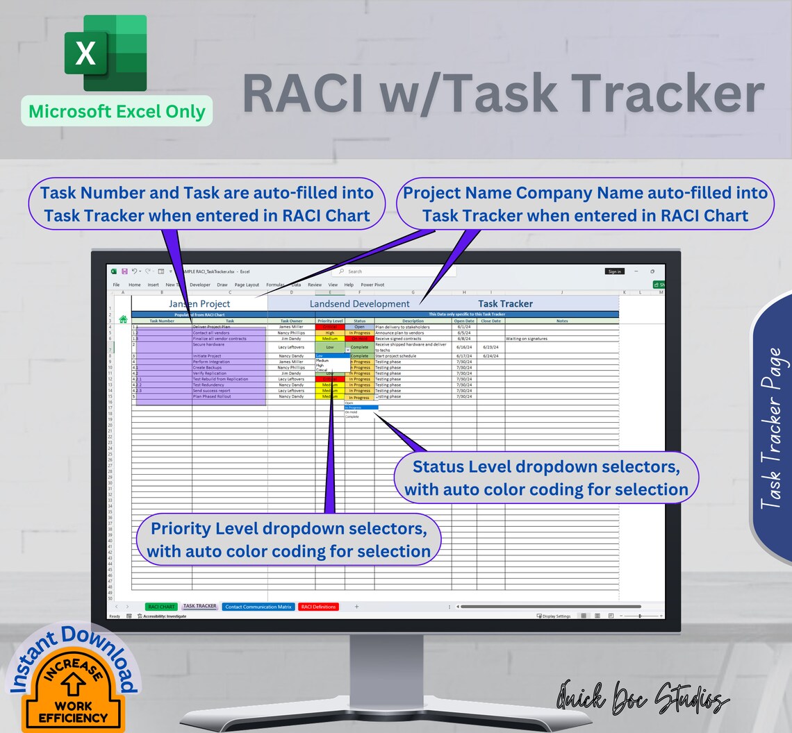 Project Management Excel Task Tracker, Raci Matrix Team Communication ...