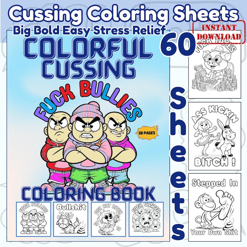 Adult Coloring Pages Digital Download Printable Art Funny Content Humor Collection Stress Relief Activity Anxiety Management Tool Creative Expression Outlet Instant Access Digital Product Home Printing Option Perfect Gift Idea Mental Health