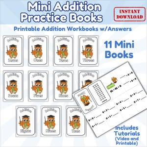 Peut inclure: Un ensemble de 11 mini cahiers d'exercices d'addition avec des cahiers d'exercices d'addition imprimables et des réponses. Chaque carte présente une illustration de hibou. Le texte "Mini Addition Practice Books" est inclus.