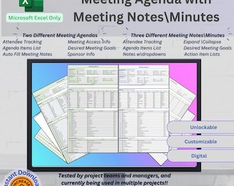 Meeting Notes Project Management Tracker, Professional Business Meeting Agenda Excel Planner Template