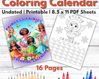 printable coloring calendar | princess theme | undated 12 month | kids activity
