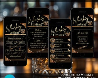 Può includere: Invito digitale animato alla degustazione di whisky e biglietto di ringraziamento bonus. Il design presenta quattro smartphone che mostrano i dettagli dell'evento. Il testo include "Whiskey Tasting", informazioni sull'evento e "RSVP". Il testo in basso dice "Viene fornito con una traccia musicale di sottofondo blues al whisky."