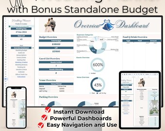 Op de afbeelding: Een digitale huwelijksplanner weergegeven op een computermonitor, tablet en smartphone. De planner bevat overzichten van budget, gastenlijst en locatie. De tekst luidt "Ultimate Wedding Planner" en "Google Sheets."