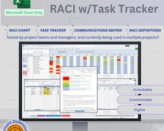 May include: A computer screen displaying a Microsoft Excel spreadsheet with a RACI chart and task tracker. The spreadsheet is titled "Jansen Project" and "Landsend Development". The screen is surrounded by a white background with the text "RACI w/Task Tracker" in large, bold letters. Below the screen are three buttons labeled "Unlockable", "Customizable", and "Digital".