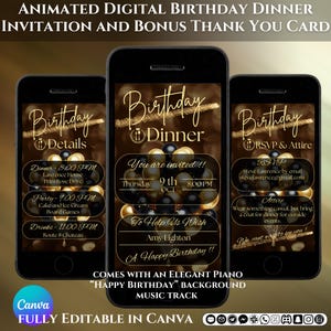 Faire-part d'anniversaire pour dîner, carte de remerciement modifiable sur toile numérique et modèle d'invitation pour une célébration d'anniversaire
