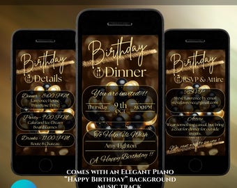 Può includere: Invito digitale animato per una cena di compleanno con uno schema di colori nero e oro. L'invito presenta uno schermo di telefono con un design di palloncini dorati e neri e il testo "Cena di compleanno". L'invito include anche i dettagli dell'evento, come la data, l'ora e la posizione. Il testo "Per aiutarci a fare gli auguri di buon compleanno ad Amy Lighton!!" è incluso anche.