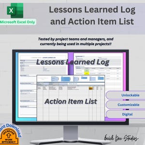May include: A computer monitor displays a "Lessons Learned Log and Action Item List" template. The template is designed for Microsoft Excel and is described as unlockable, customizable, and digital. The image includes the text "Instant Download" and "Increase Work Efficiency."
