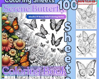 Butterfly Coloring Book Printable Art Therapy Activity Stress Relief Mindful Coloring Page Download Digital Illustration Design Floral Adult