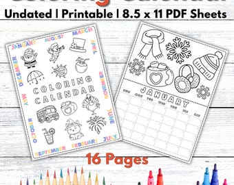 printable coloring calendar | undated 8.5 x 11 monthly pdf pages | adult coloring | journal and planner