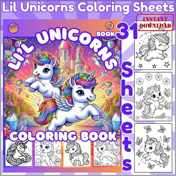 Unicorn Coloring Book Kids Activity Page Printable Kawaii Design Cute Magical Creature Fantasy Illustration Art Project Girl Birthday Gift