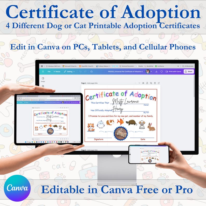 Pet Adoption Certificate Printable Design Digital Download Customizable ...