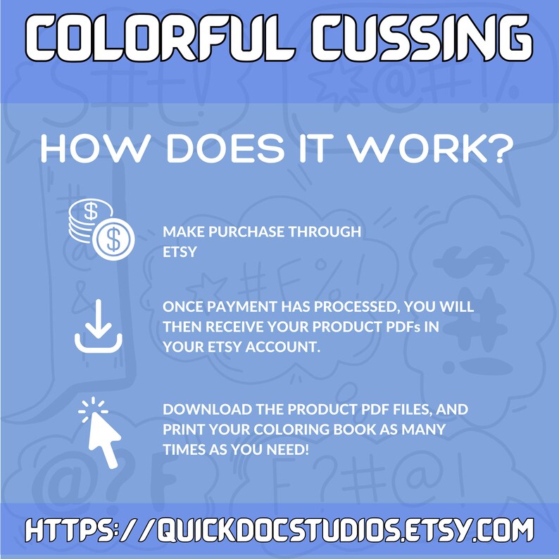Pu&ograve; includere: Grafica blu con il testo "COLORFUL CUSSING" e "HOW DOES IT WORK?". L'immagine spiega il processo di acquisto: acquista tramite Etsy, ricevi PDF e stampa. L'URL del negozio Etsy &egrave; incluso.