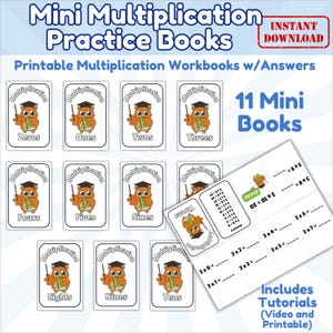 Peut inclure: Un ensemble de 11 mini cahiers d'exercices de multiplication avec des illustrations de hiboux, comprenant des tutoriels. Les cahiers sont numérotés de zéro à dix. Le titre sur la couverture est "Mini Multiplication Practice Books".