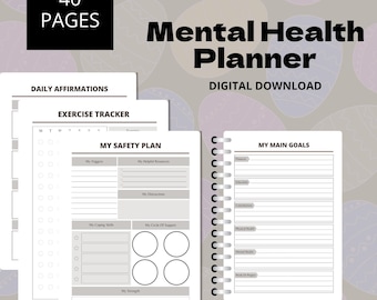 Diario della salute mentale stampabile in formato PDF, download digitale, pianificatore del benessere, strumento per la terapia, tracker dell'ansia, grafico dell'umore, affermazioni quotidiane, cura di sé.