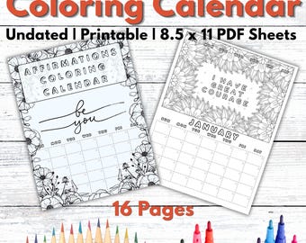 Affirmation Coloring Calendar Page Printable Planner Undated Monthly Template Botanical Design Mindfulness Activity Adult Meditation Art
