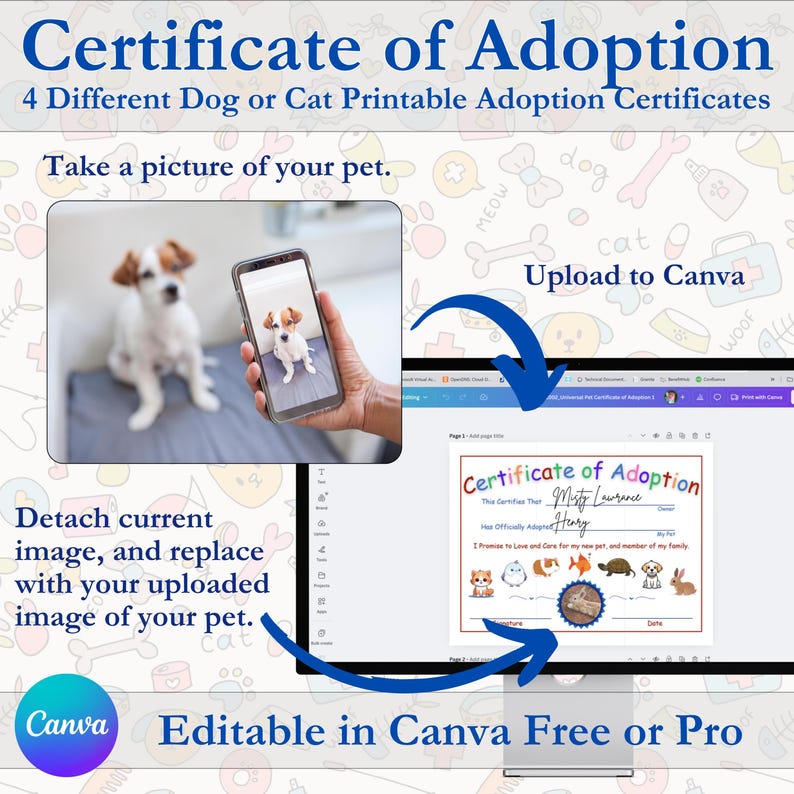 Pet Adoption Certificate Printable Design Digital Download Customizable ...