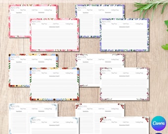 Floral Recipe Card Template Design Printable Download Digital File Editable Kitchen Organizer Family Cooking Botanical Illustration Elegant