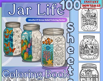Printable Coloring Book Adult Jar Illustration Digital Relaxation Art Therapy Tool Stress Relief Sheet Mason Scene Whimsical Drawing Pdf