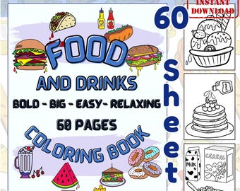 Food Coloring Book Digital Download Printable Art Therapy Activity Stress Relief Mindful Drawing Relaxation Coloring Page Design Simple