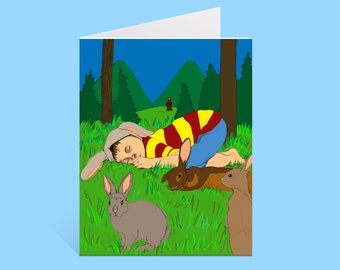 Blank Note Card: Boy with Bunnies | 4 1/4 X 5 1/2 with A2 Envelope