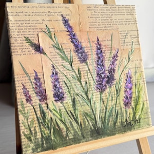 Dipinto di lavanda su pagine di libri – Arte murale botanica – Decorazione vintage in carta riciclata – Regalo floreale fatto a mano per gli amanti dei libri