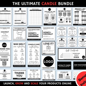 Bearbeitbares Kerzen-Business-Bundle| Druckbare Pflegehinweise | Danke-Karte | Kerzen Etikett | Wachs schmelzen | Canva Vorlage | Rechnung, Bestellschein