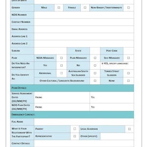 Könnte beinhalten: Ein Support Plan Formular mit Feldern für Teilnehmerdetails, einschließlich Name, Geburtsdatum und Kontaktinformationen. Es enthält Abschnitte für Geschlecht, NDIS-Nummer und Plandetails. Kontrollkästchen sind für verschiedene Optionen verfügbar.