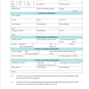 Könnte beinhalten: Ein Client Referral Formular mit Abschnitten für Kundeninformationen, Kontaktdaten, demografische Daten und Finanzierungs-/Unterstützungsoptionen. Enthält Felder für Name, Adresse, Telefonnummer und Einverständniserklärungen. Das Formular hat ein Logo.