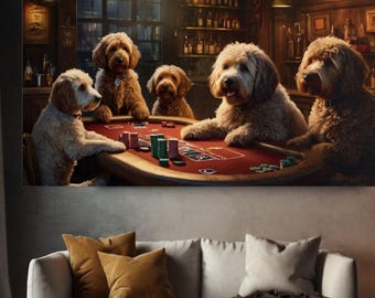 Dogs Playing Poker - Goldendoodle Dog Art, Poker Print Poster Whiskey Bar Pub Beer Dogs Playing Cards